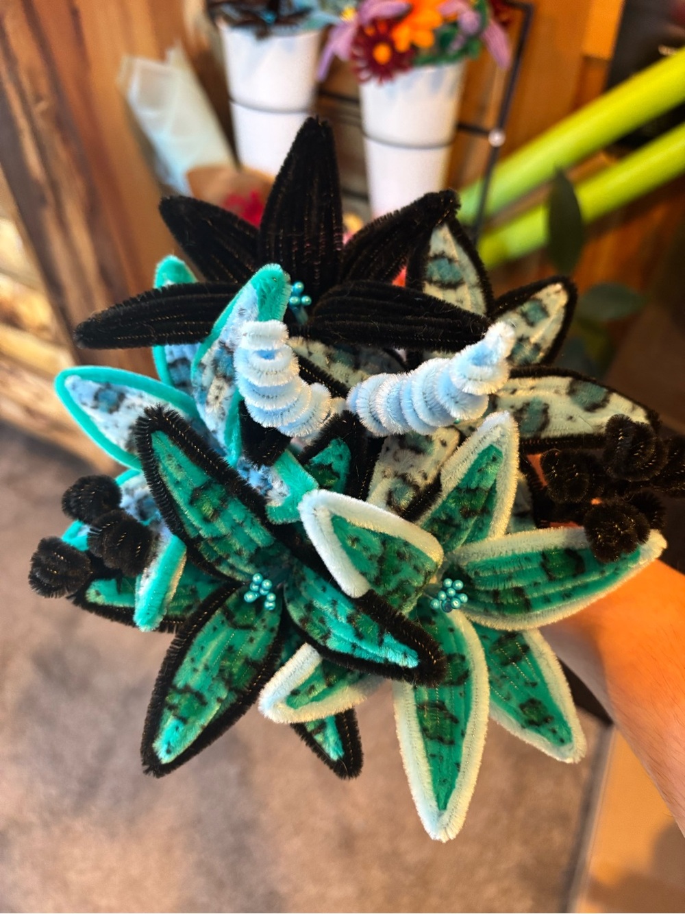 8pcs Handmade Cheetah Print Floral Bouquet in Teal, Black & White